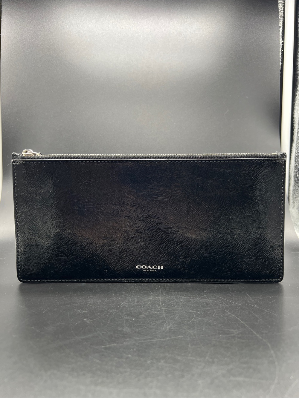 Coach Black Leather Flat Zip Pouch Clutch Receipt Case Wallet